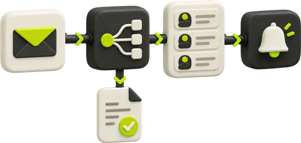 Workflow illustrato: richiesta, elaborazione, contatti nel CRM e notifica al team.