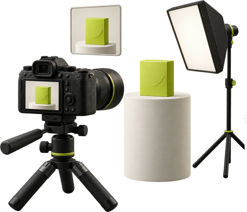 Illustrazione di una camera professionale, un prodotto e una luce da studio per la produzione di contenuti.