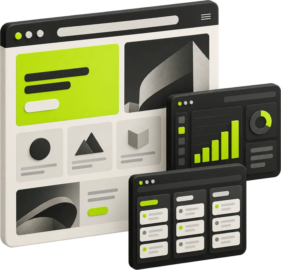 Illustrazione di un sito web, una dashboard e un’applicazione per organizzare le attività.
